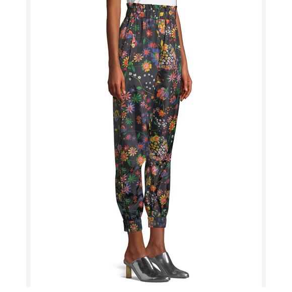 TIBI FLORAL PRINT RUFFLE TECH JOGGER PANTS HIGH PAPER BAG WAIST WOMEN SIZE M NEW - Picture 3 of 15